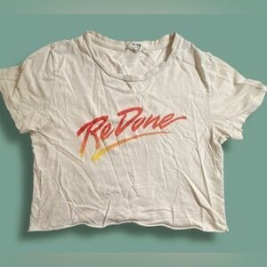 Re/Done Womens Cropped T-Shirt Off White Graphic Distressed Short Sleeve Size XS